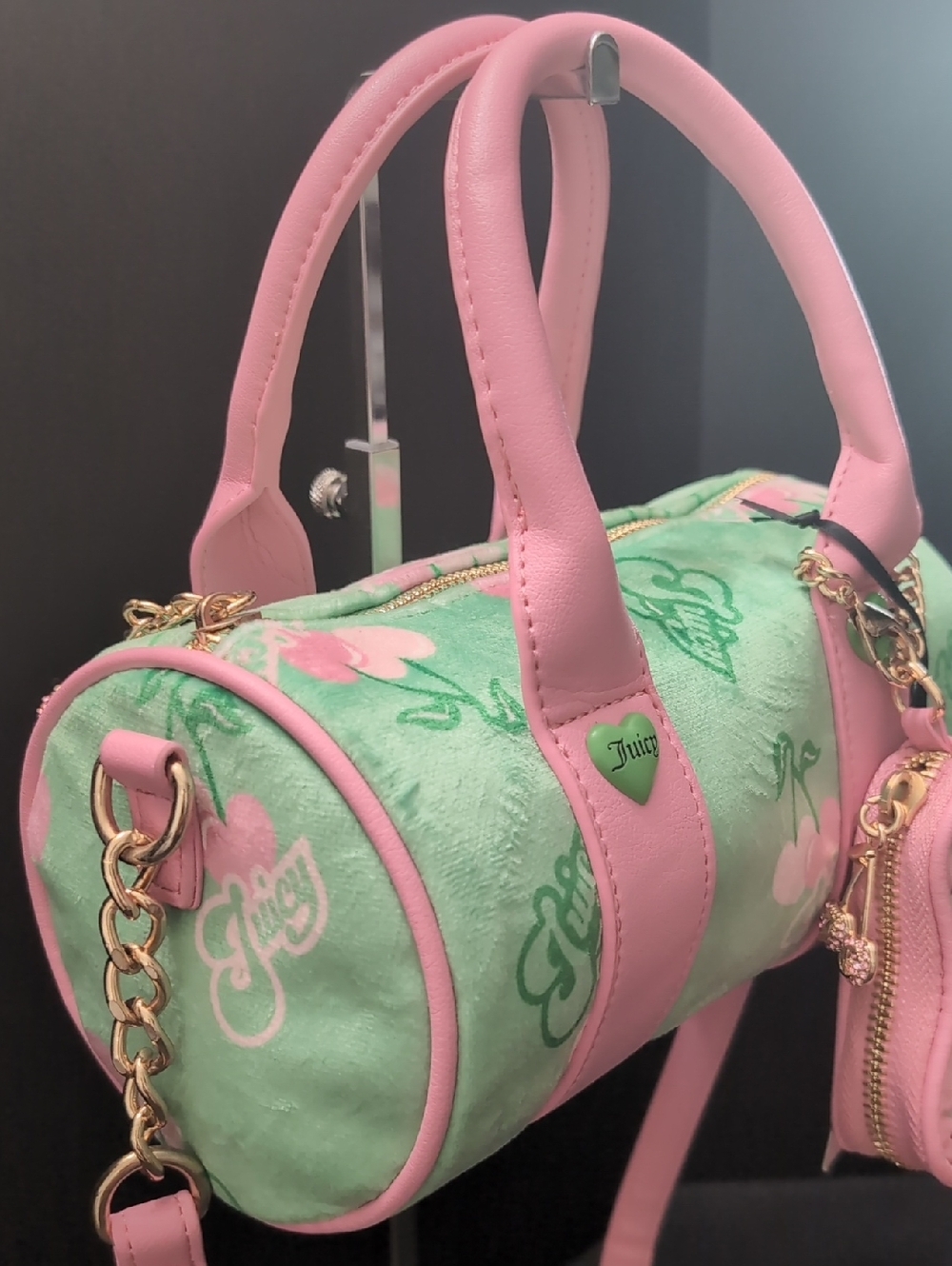 NWT,Juicy Couture 'Retro Juicy Cherry's Green/Pink Mini Barrel Bag. - Picture 3 of 14